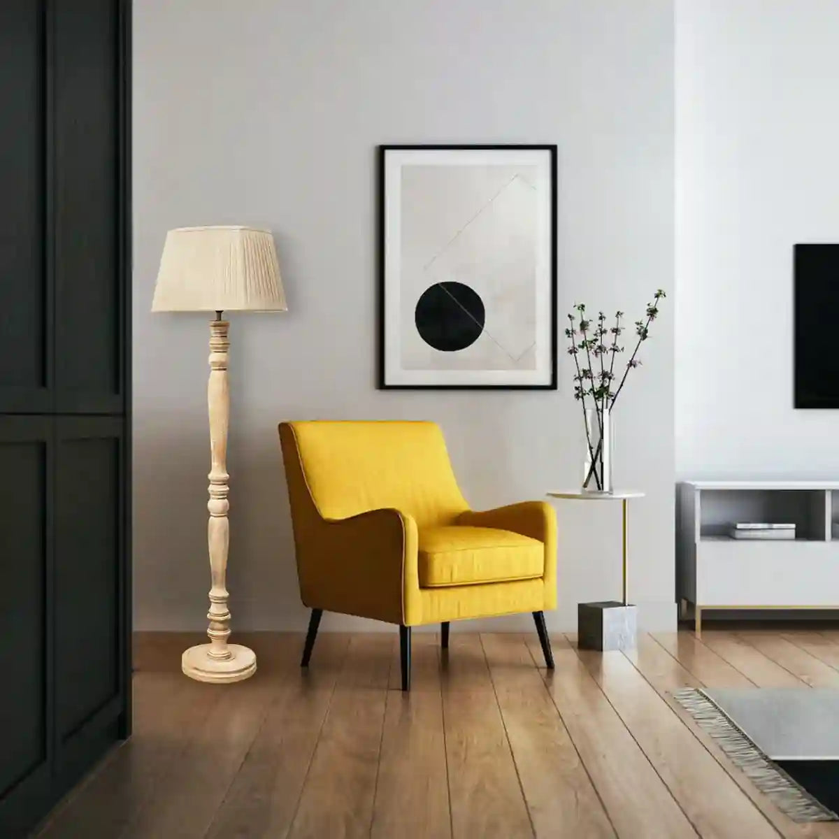 SIEMON Wood Single Light Floor Lamp With Beige Shade