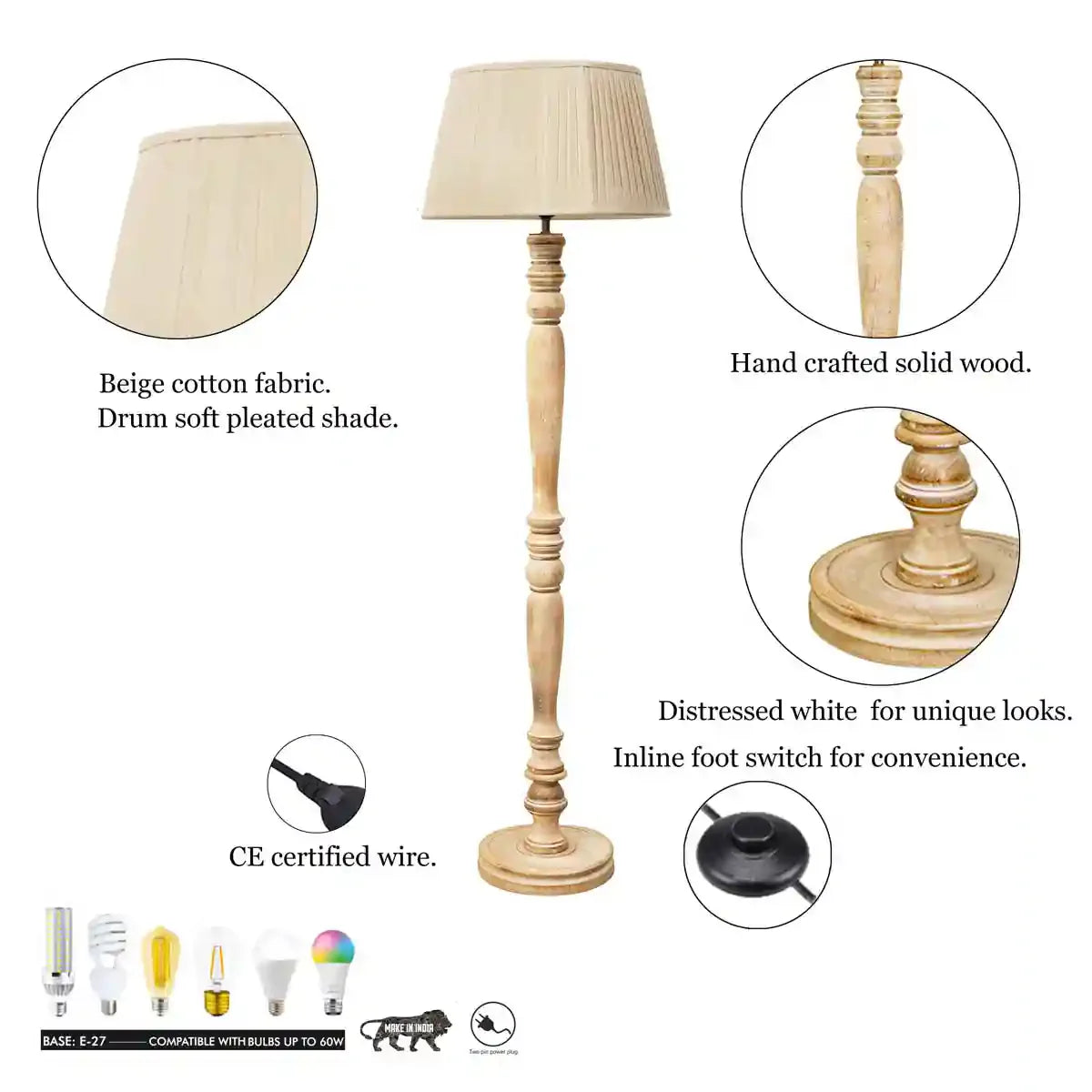 SIEMON Wood Single Light Floor Lamp With Beige Shade