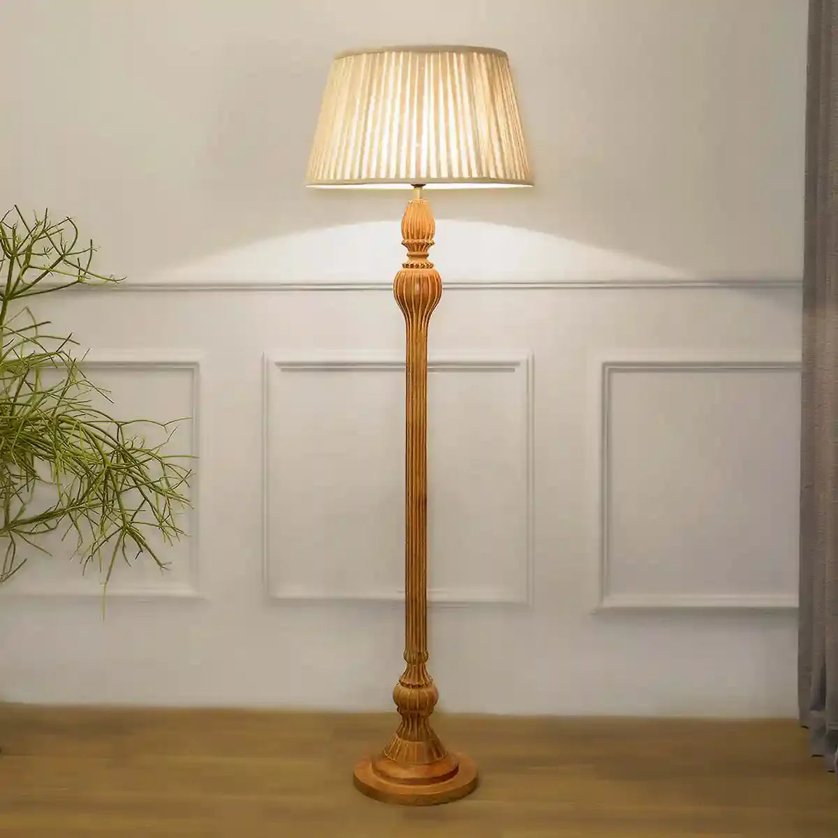 SOBER Wood Single Light Floor Lamp With Cotton Beige Shade