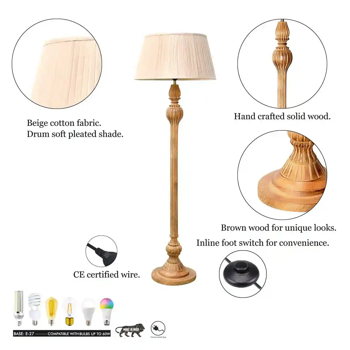 SOBER Wood Single Light Floor Lamp With Cotton Beige Shade