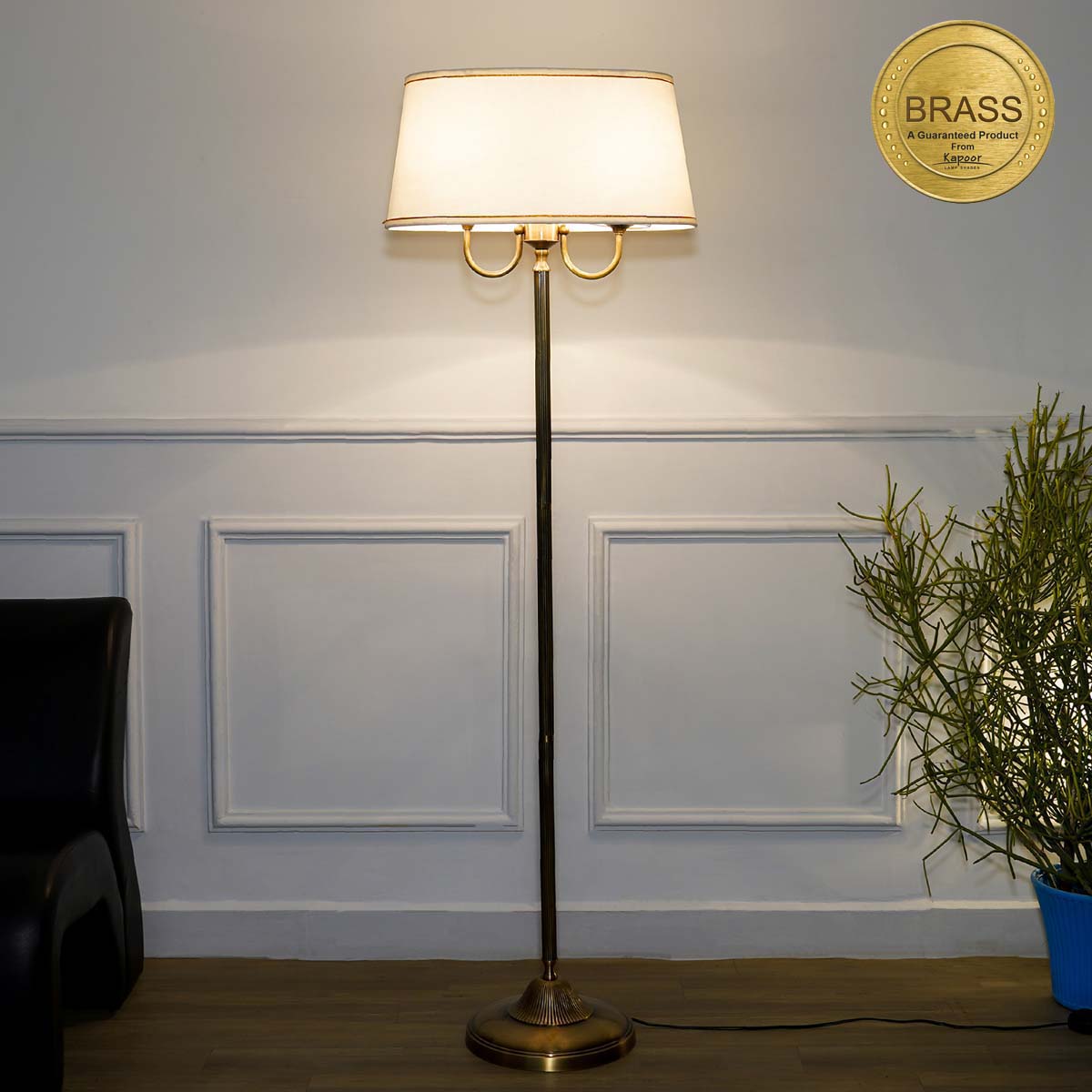 STIFFEL Pure Brass Floor Lamp With Off White Cotton Shade