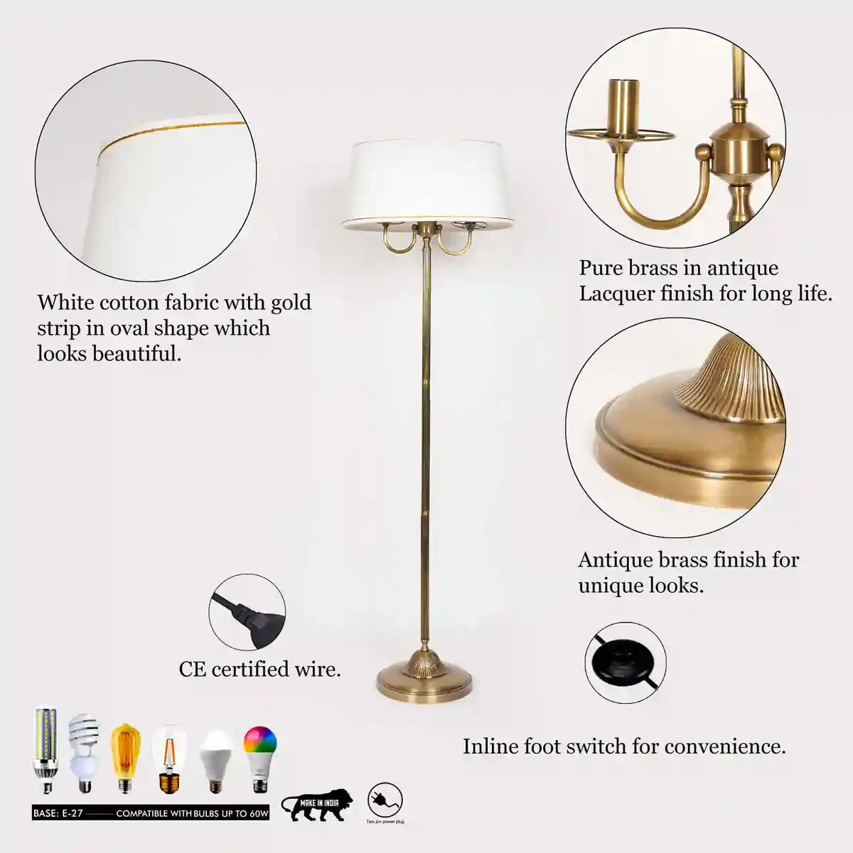 STIFFEL Pure Brass Floor Lamp With Off White Cotton Shade
