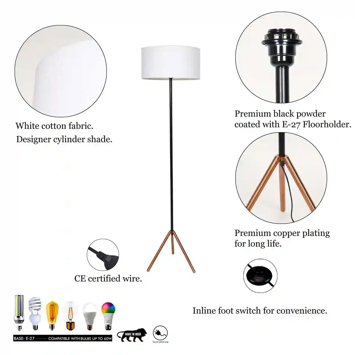 MIZUKO Matte Black and Copper Floor Lamp With Off White Cotton Shade