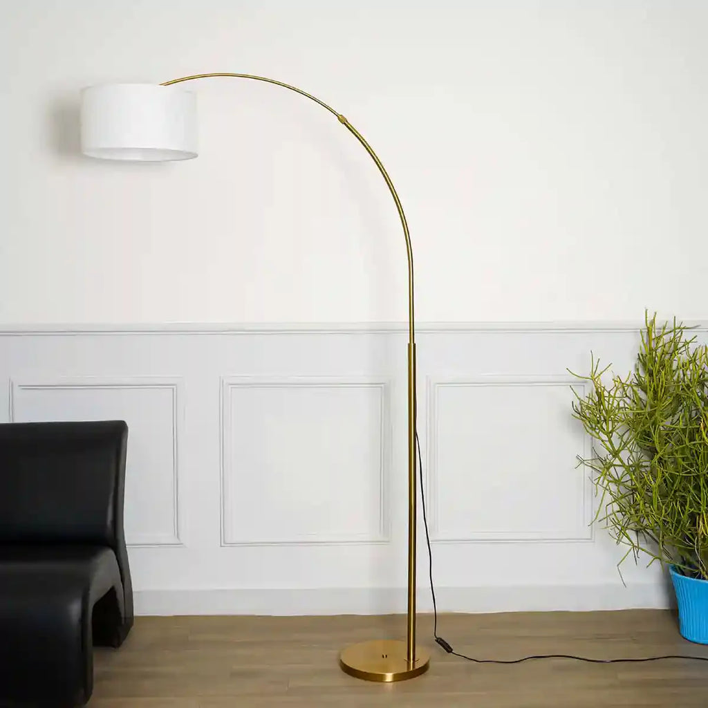 MESH Single Light Overhang Floor Lamp With White Cotton Shade