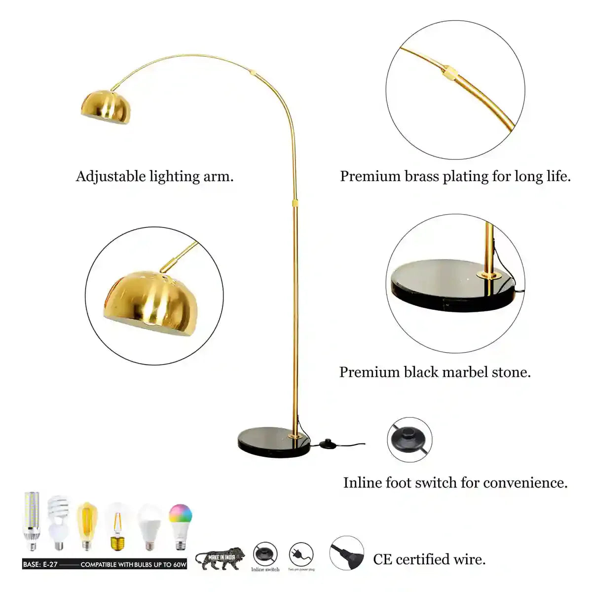 GALLOW Arc Single Light Floor Lamp in Black and Gold Finish
