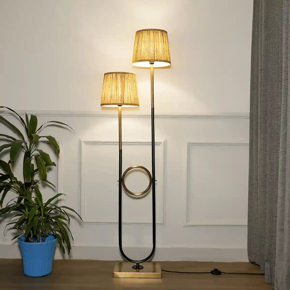 ALLEGRA 2 Light Floor Lamp in Antique Brass and Black Finish