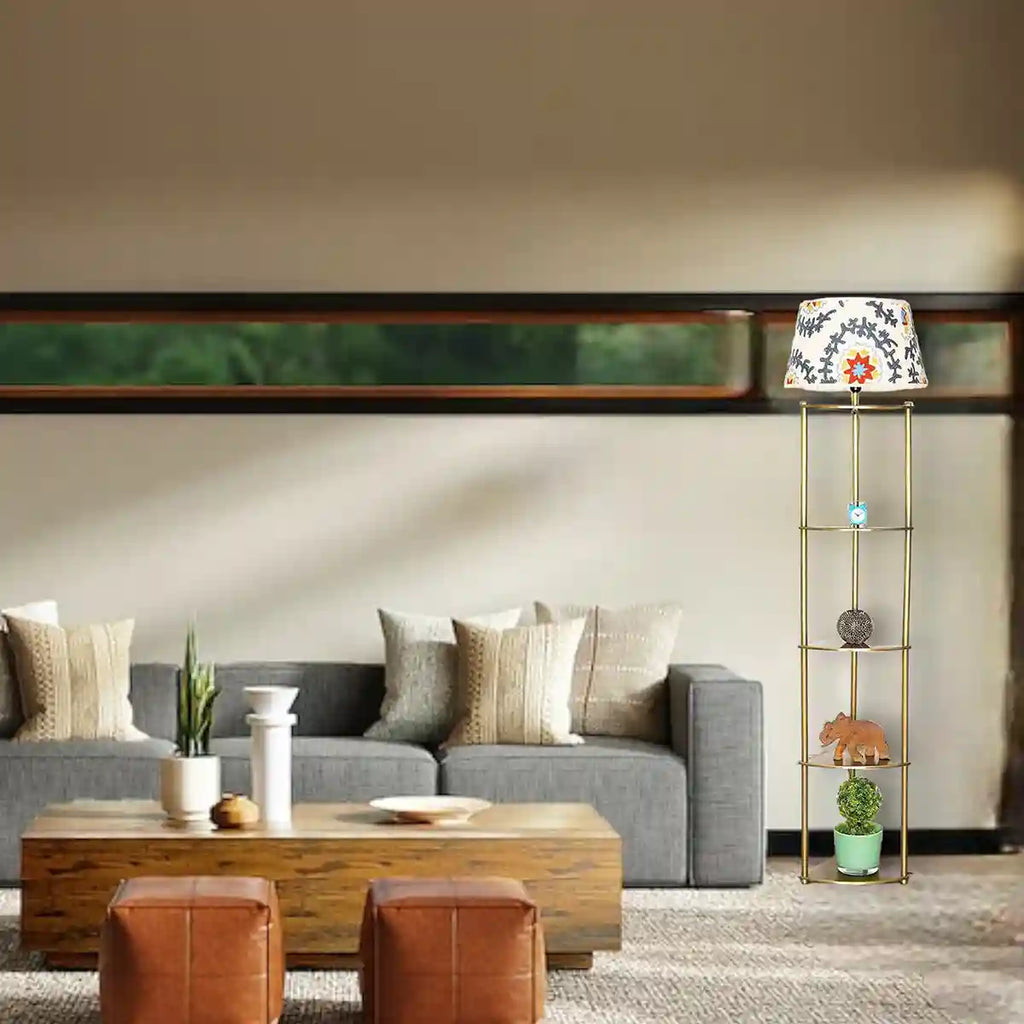 DEVAN Metal Multiutility Shelf Floor Lamp With Printed Linen Shade