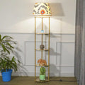 DEVAN Metal Multiutility Shelf Floor Lamp With Printed Linen Shade
