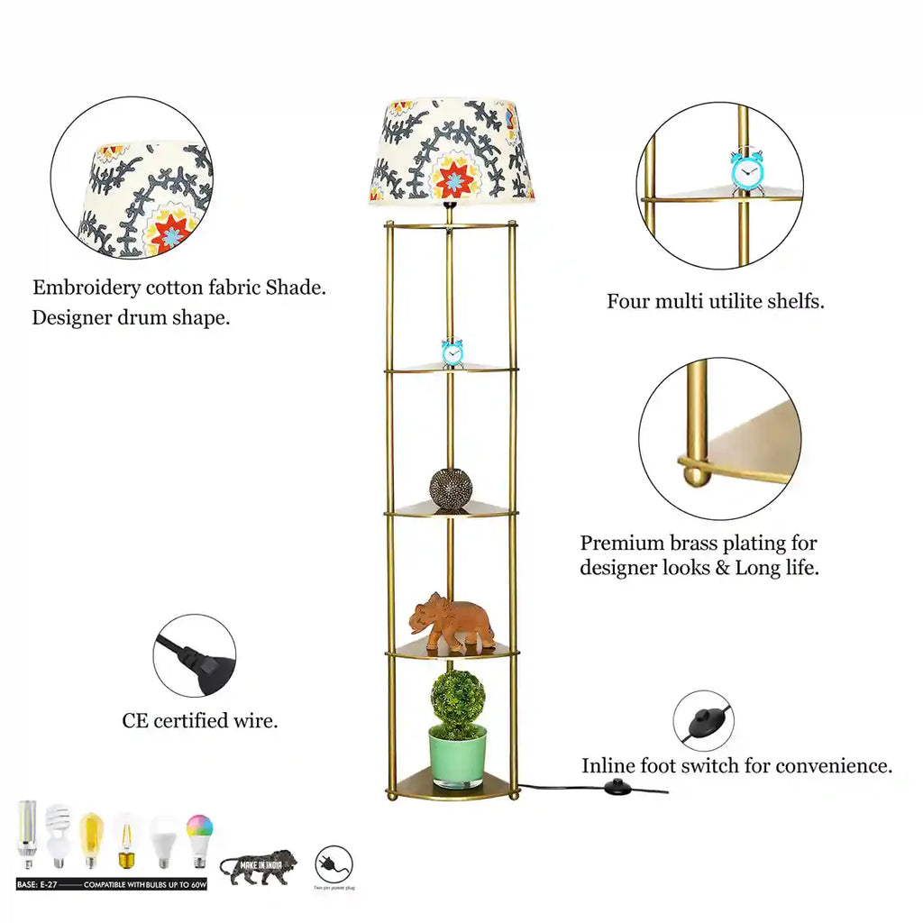 DEVAN Metal Multiutility Shelf Floor Lamp With Printed Linen Shade