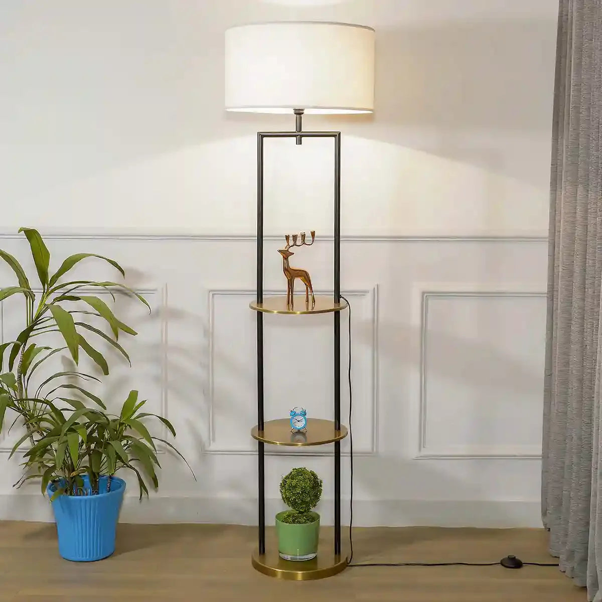 GALLOW Metal Multiutility Shelf Floor Lamp With White Cotton Shade