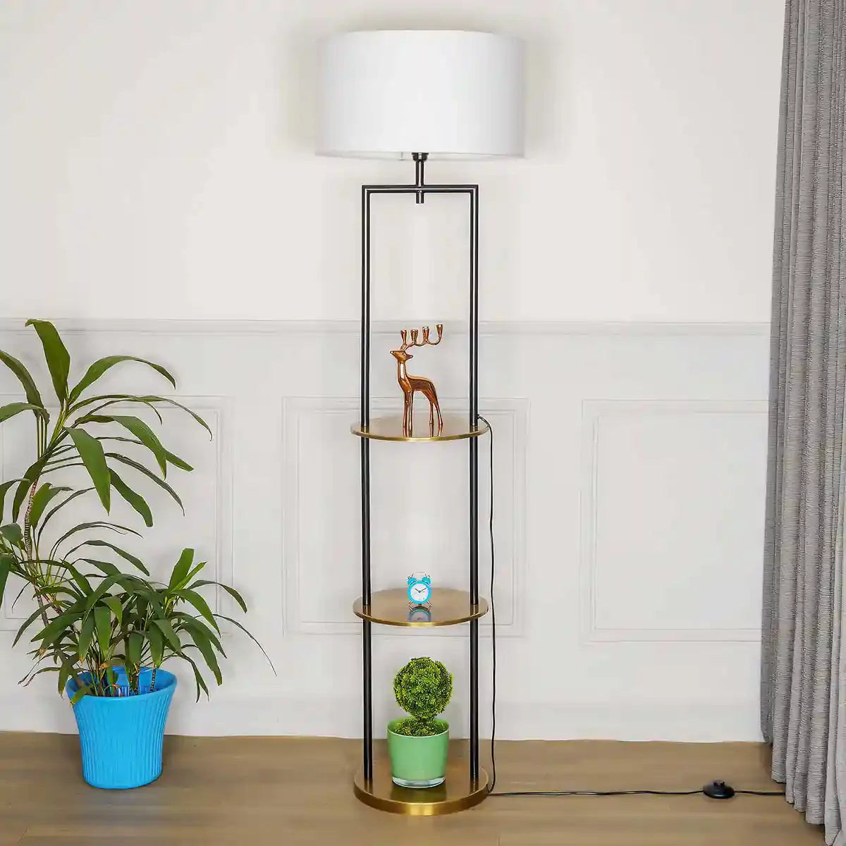 GALLOW Metal Multiutility Shelf Floor Lamp With White Cotton Shade