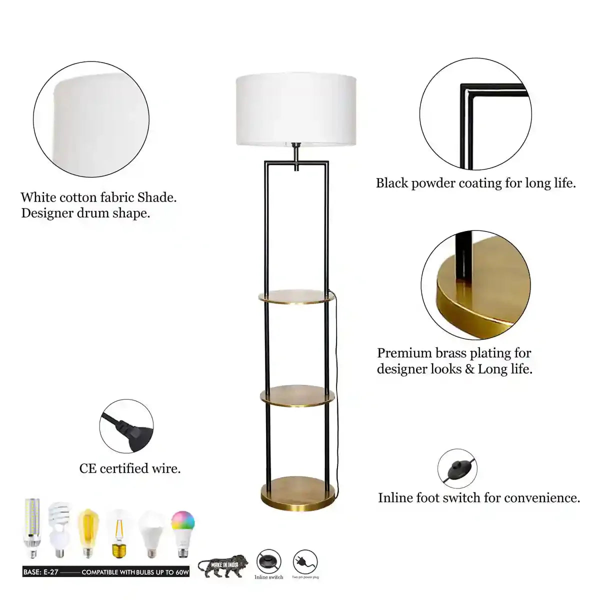 GALLOW Metal Multiutility Shelf Floor Lamp With White Cotton Shade