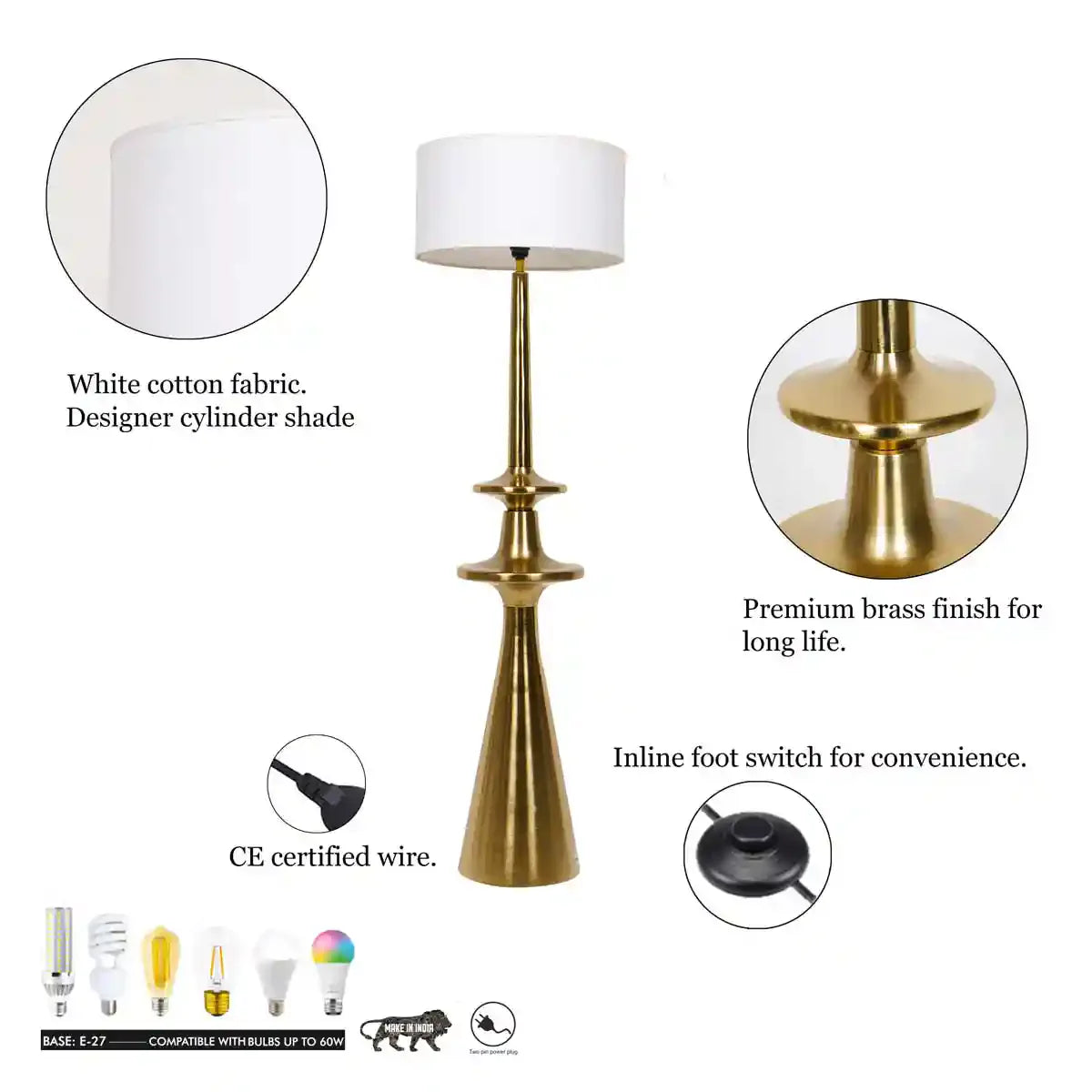 GLOUCESTER Metal Floor Lamp With White Cotton Shade