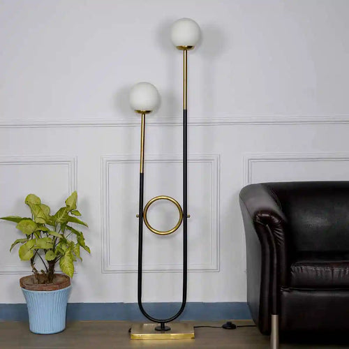 ALLEGRA 2 Light Floor Lamp in Antique Brass and Black Finish With Opal Glass Diffuser