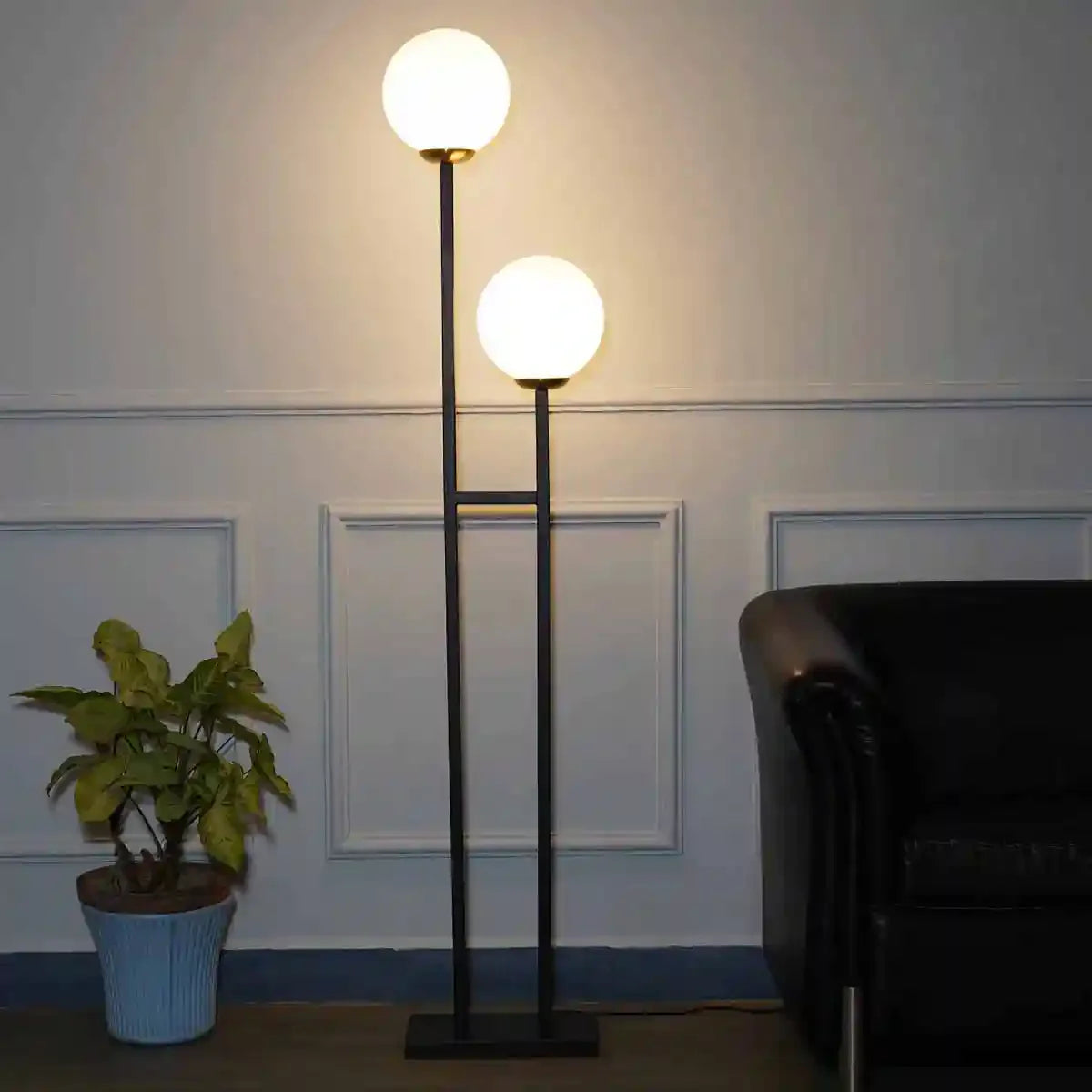 MOONLIGHT 2 Light Floor Lamp in Black Finish With Opal Glass Diffuser
