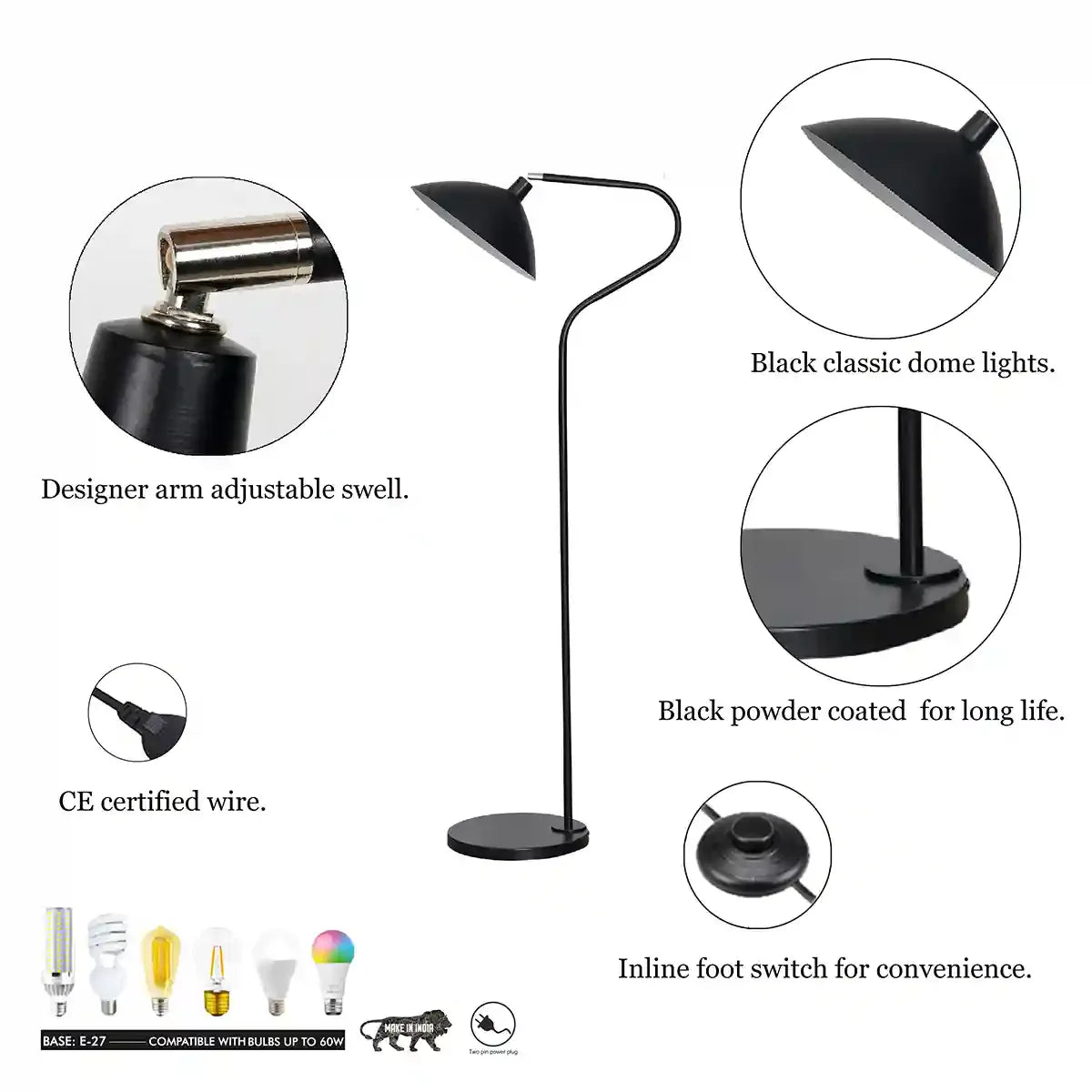 VOLTA Black Finish Metal Study Floor Lamp