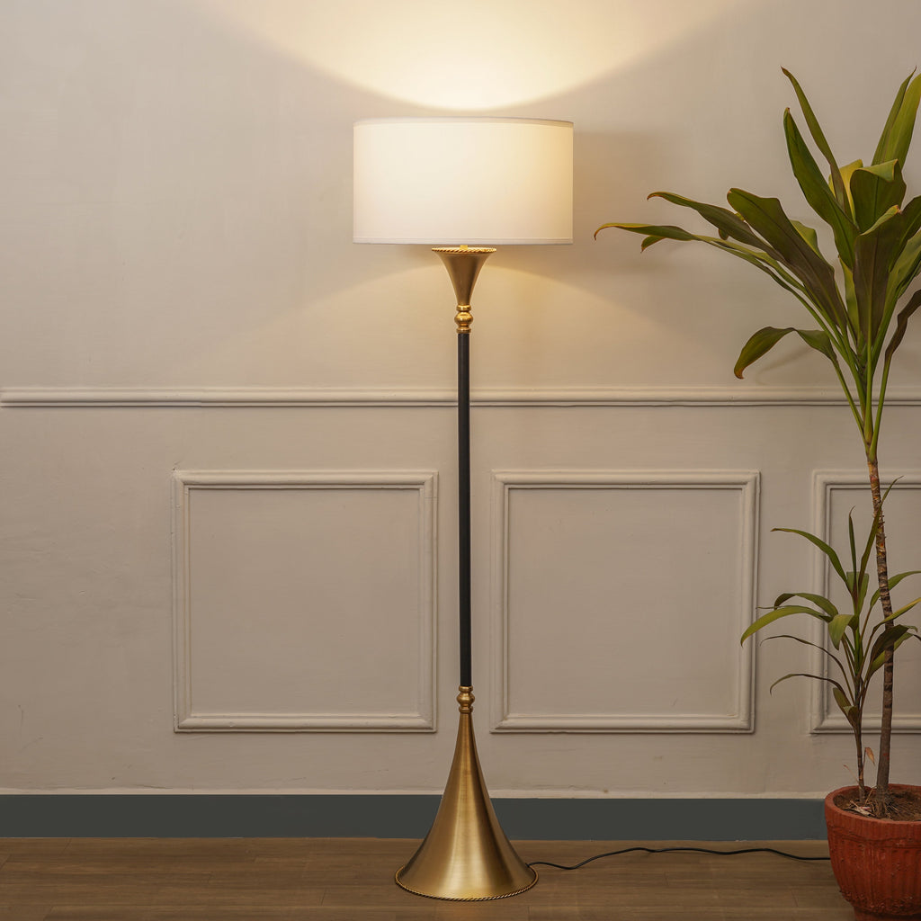 COLORADO Single Light Floor Lamp In Black & Brass Finish With Cotton Fabric Shade