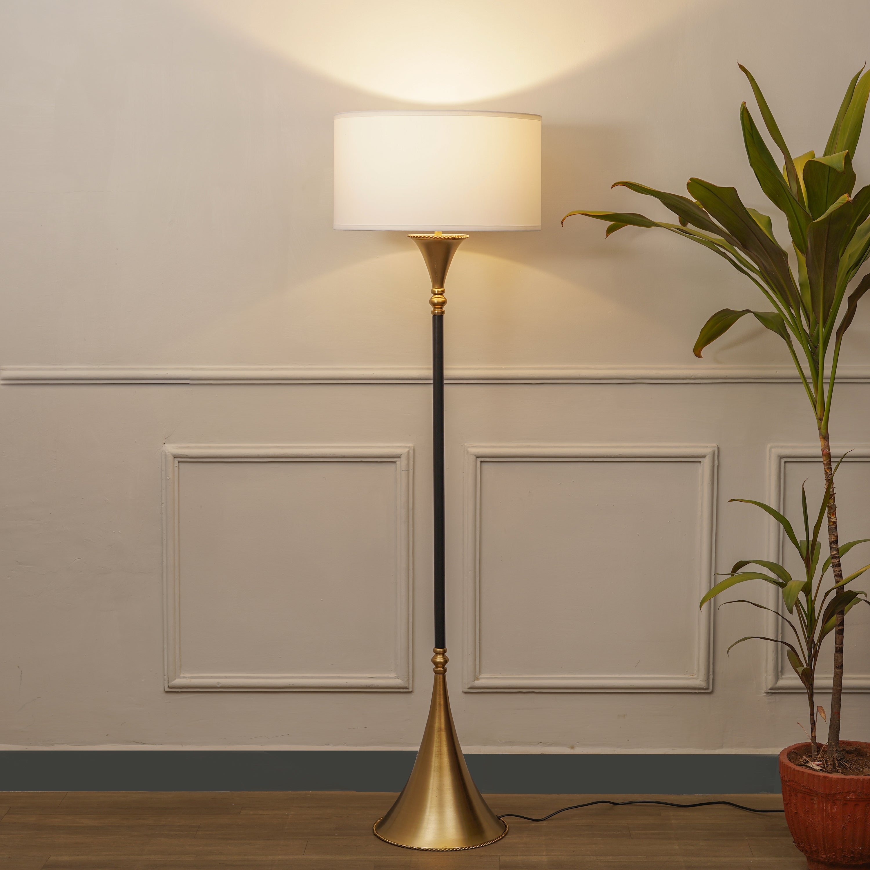 COLORADO Single Light Floor Lamp In Black & Brass Finish With Cotton Fabric Shade