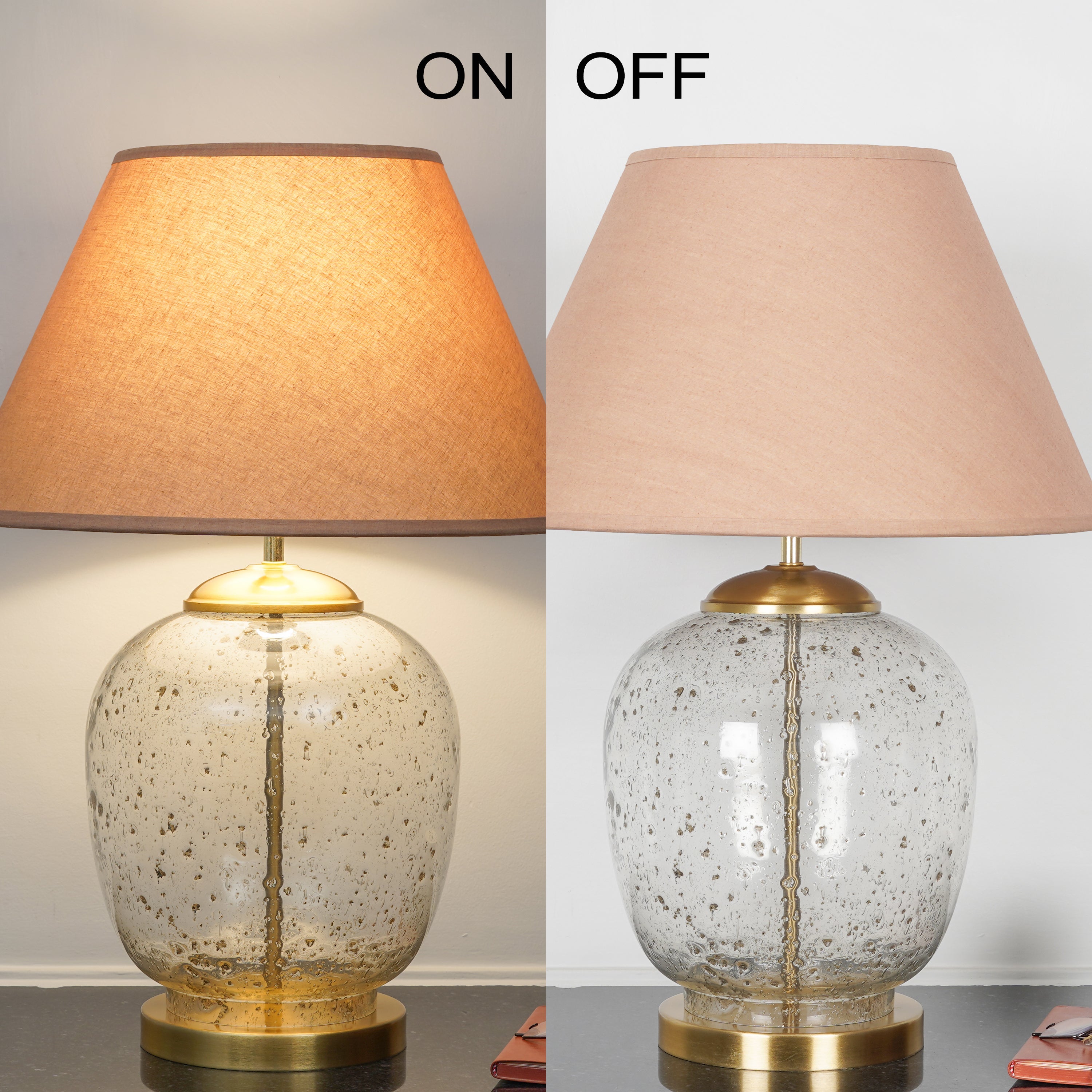 SECRET Water Droplets On Glass and Brass Finish Metal Large Table Lamp With Beige Cotton Shade