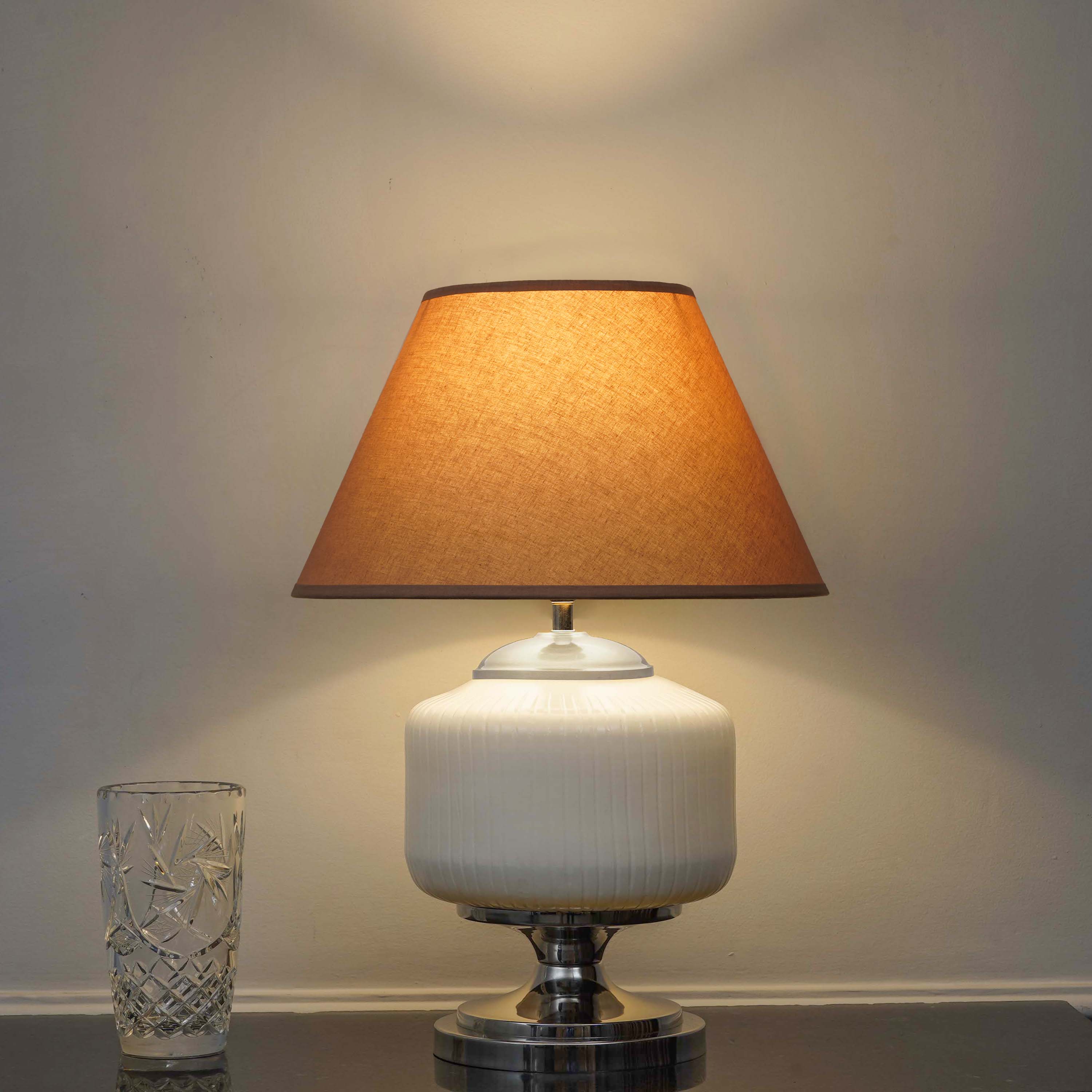 RAMZI Chrome Finish Metal And Frosted White Glass Table Lamp With Beige Cotton Shade