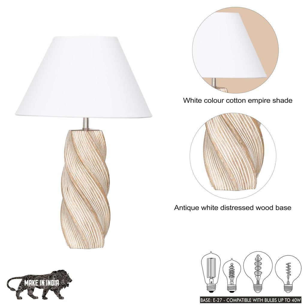 BURFORD  Distress White Finish  Wood Table Lamp With Beige Cotton Shade