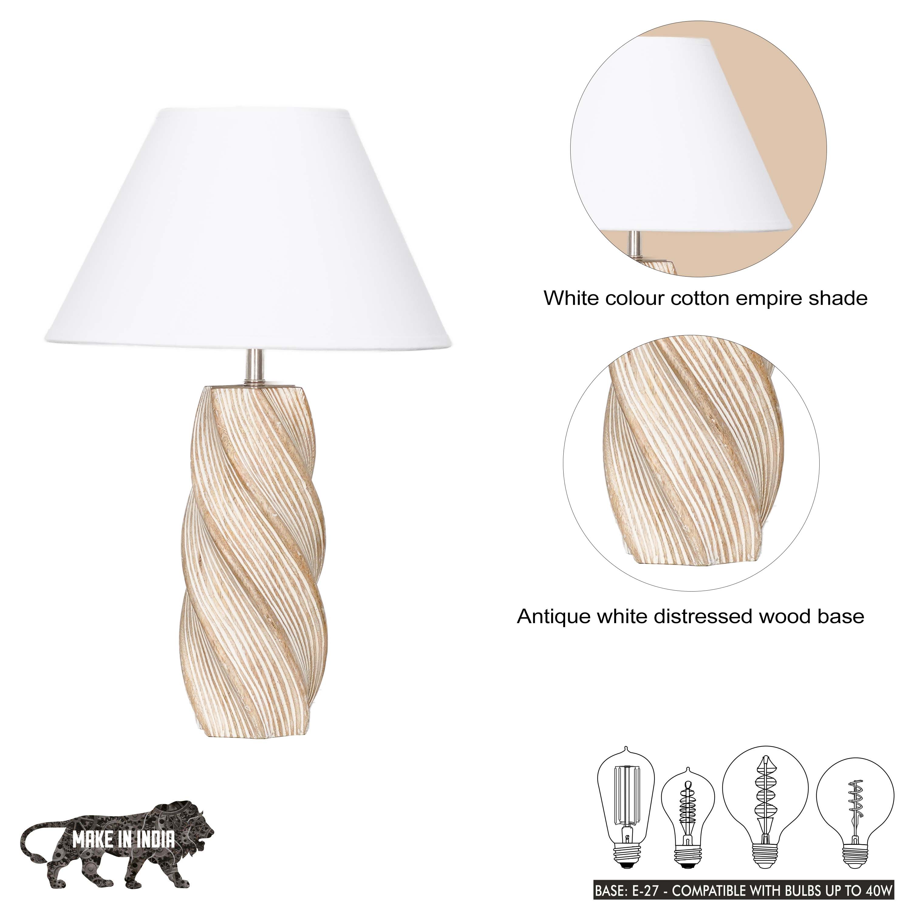 BURFORD  Distress White Finish  Wood Table Lamp With Beige Cotton Shade