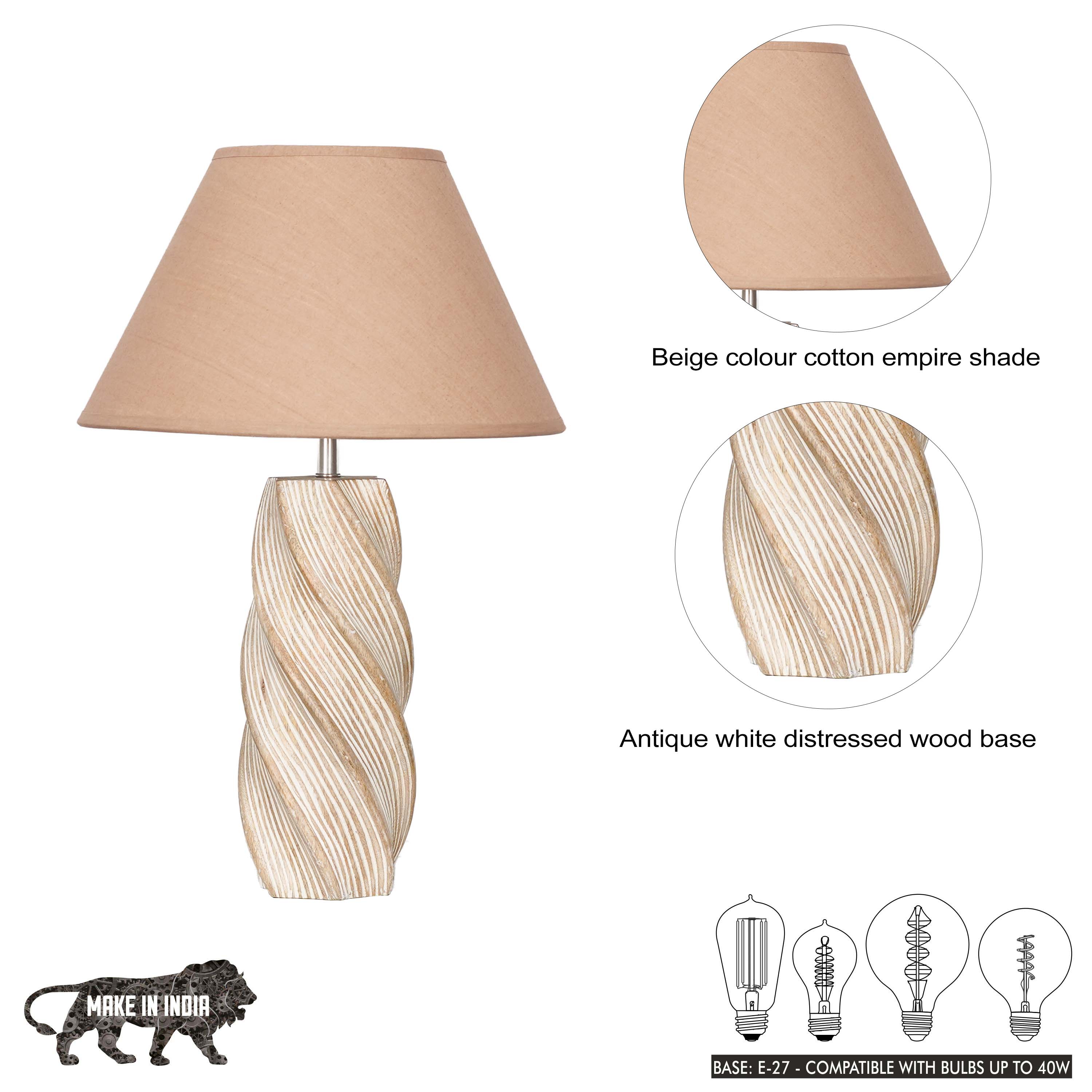 BURFORD  Distress White Finish  Wood Table Lamp With Beige Cotton Shade