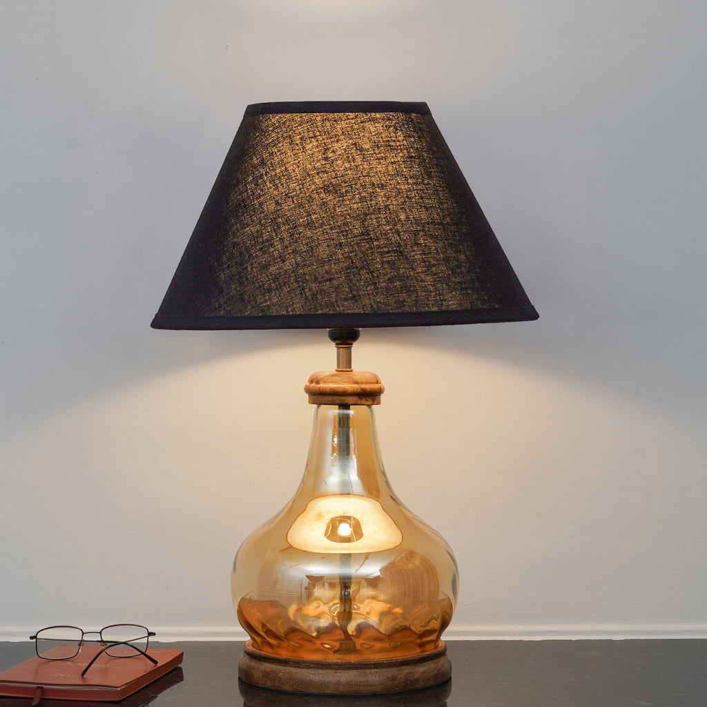 AYANA Brown Finish Wood And Amber  Glass Table Lamp With Beige Cotton Shade