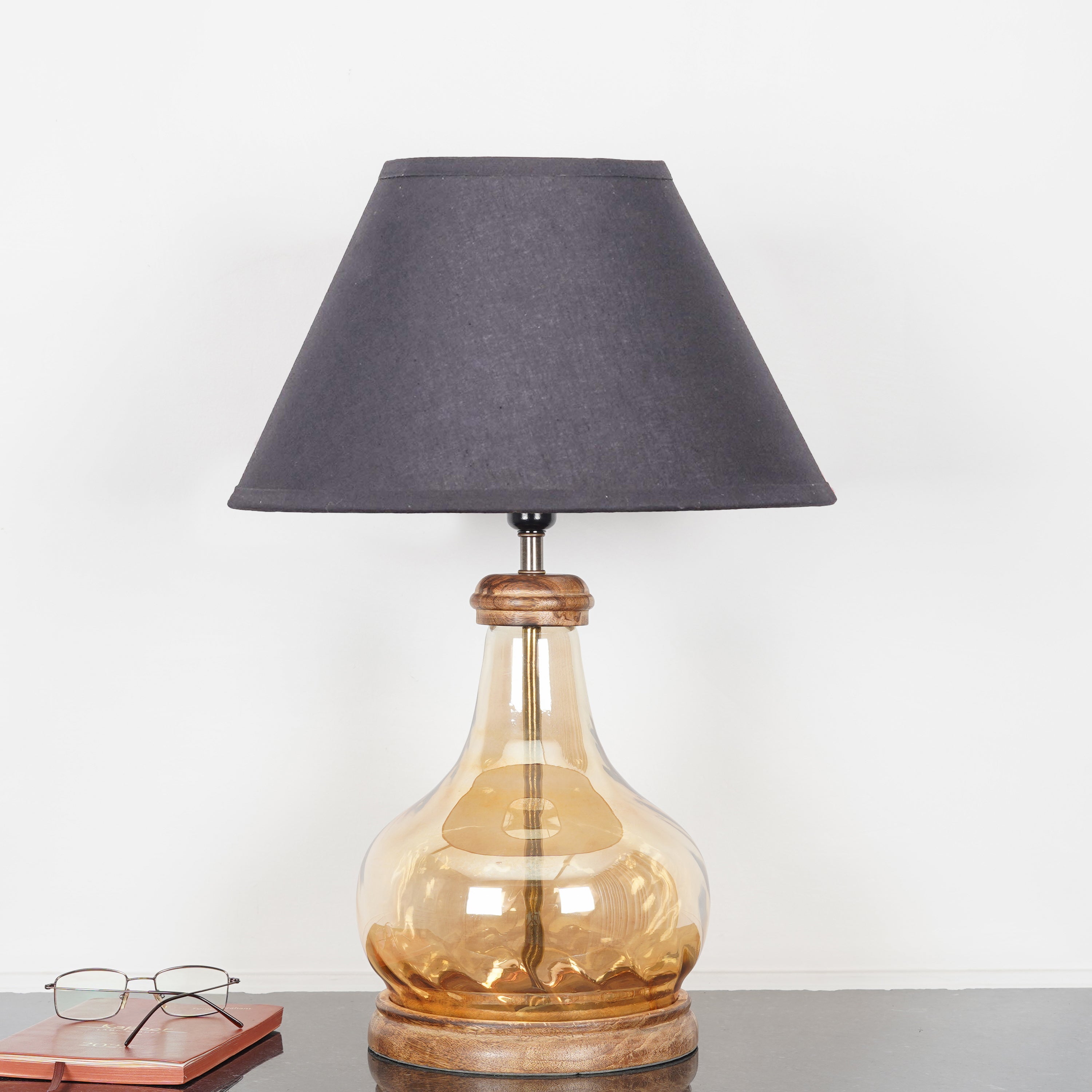 AYANA Brown Finish Wood And Amber  Glass Table Lamp With Beige Cotton Shade