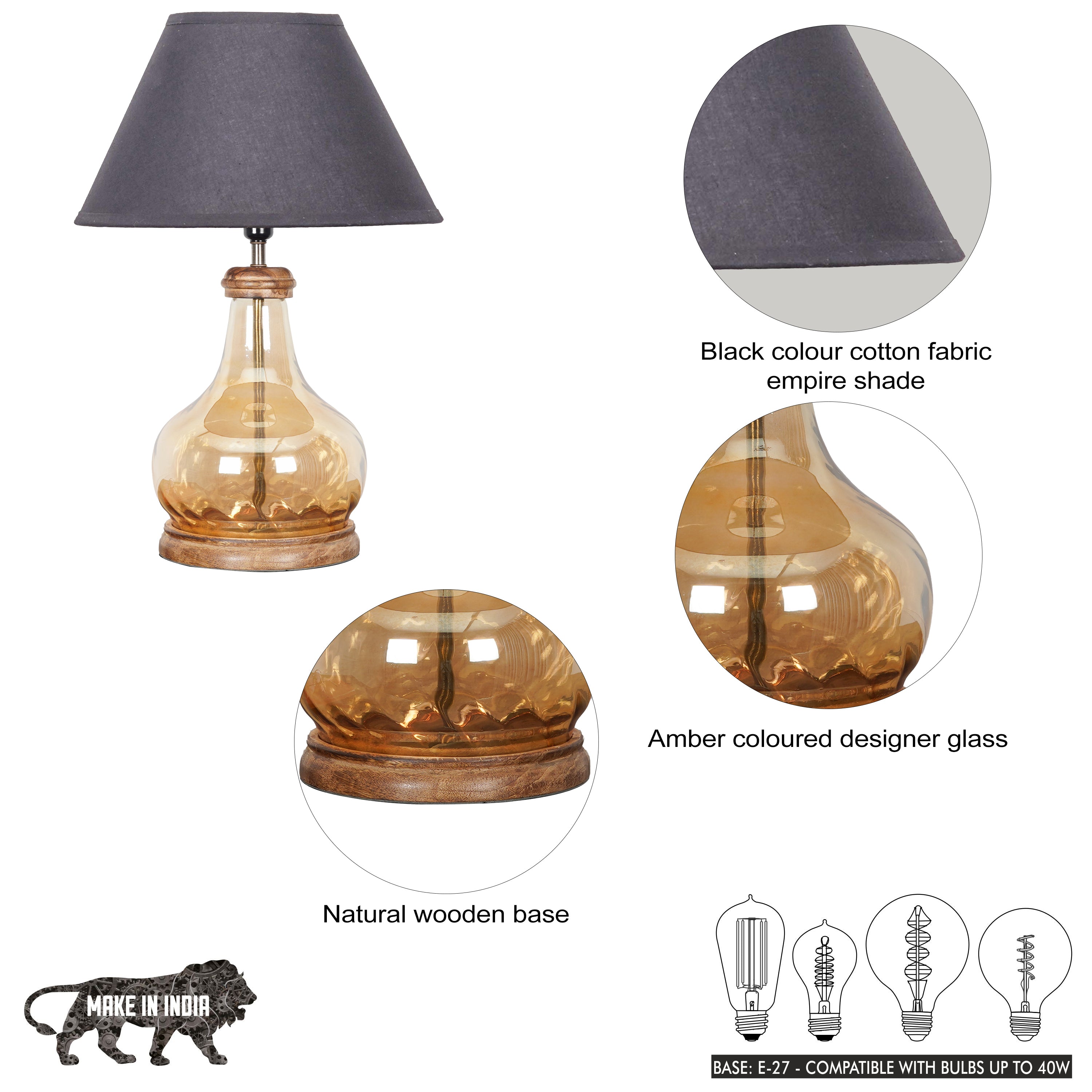 AYANA Brown Finish Wood And Amber  Glass Table Lamp With Beige Cotton Shade