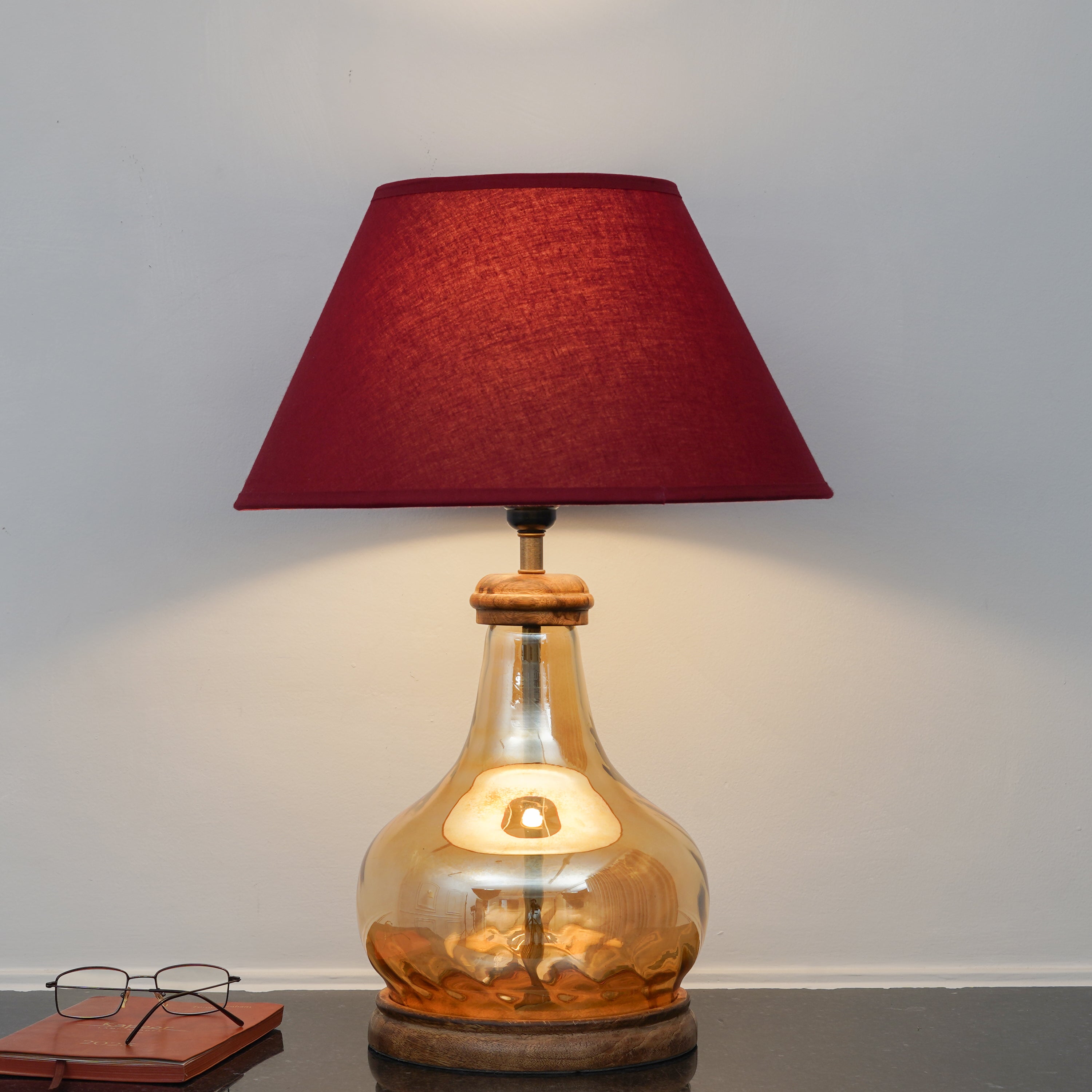 AYANA Brown Finish Wood And Amber  Glass Table Lamp With Beige Cotton Shade