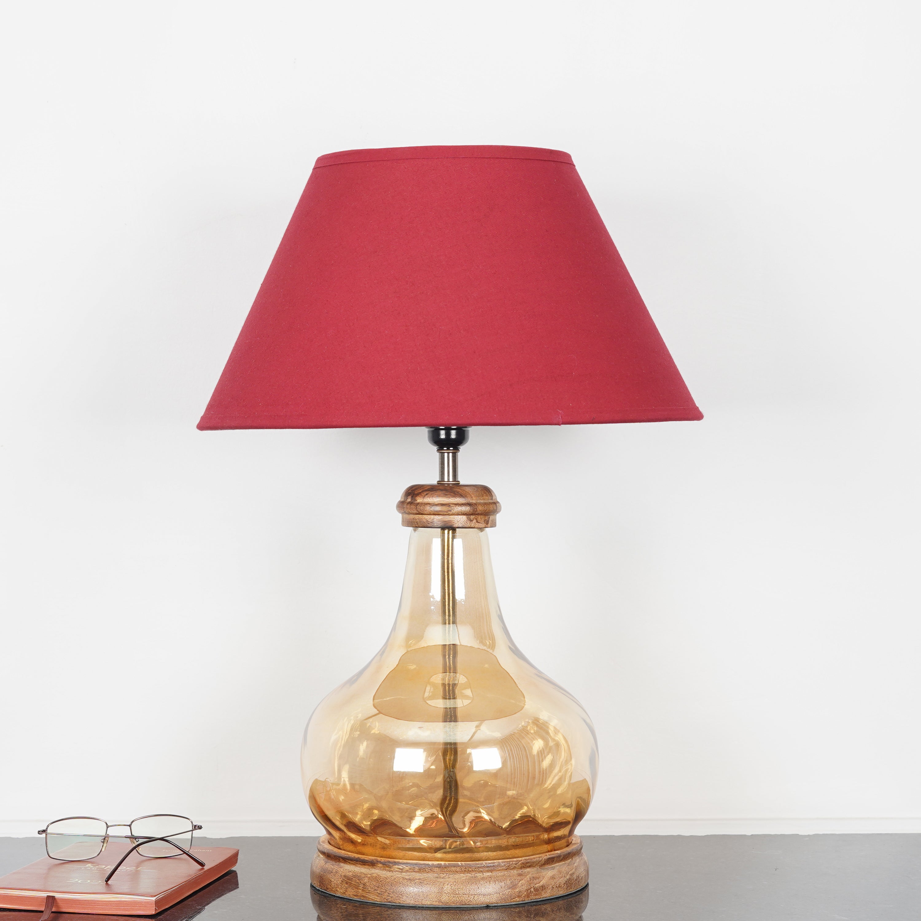 AYANA Brown Finish Wood And Amber  Glass Table Lamp With Beige Cotton Shade