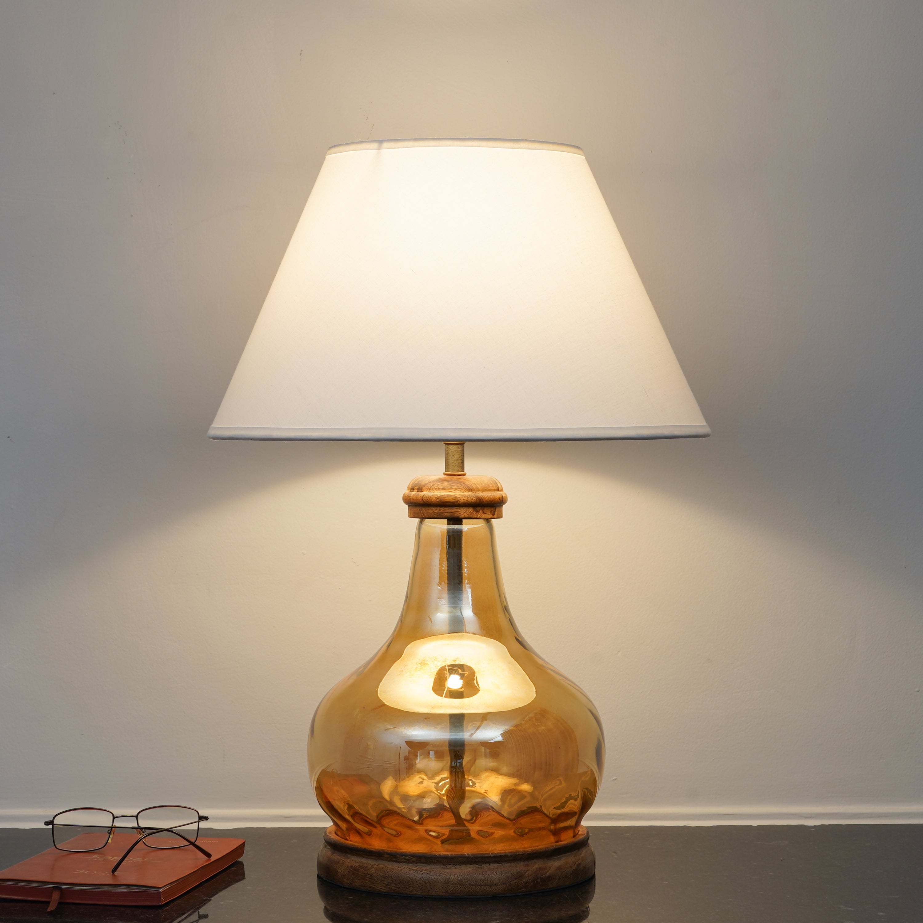 AYANA Brown Finish Wood And Amber  Glass Table Lamp With Beige Cotton Shade