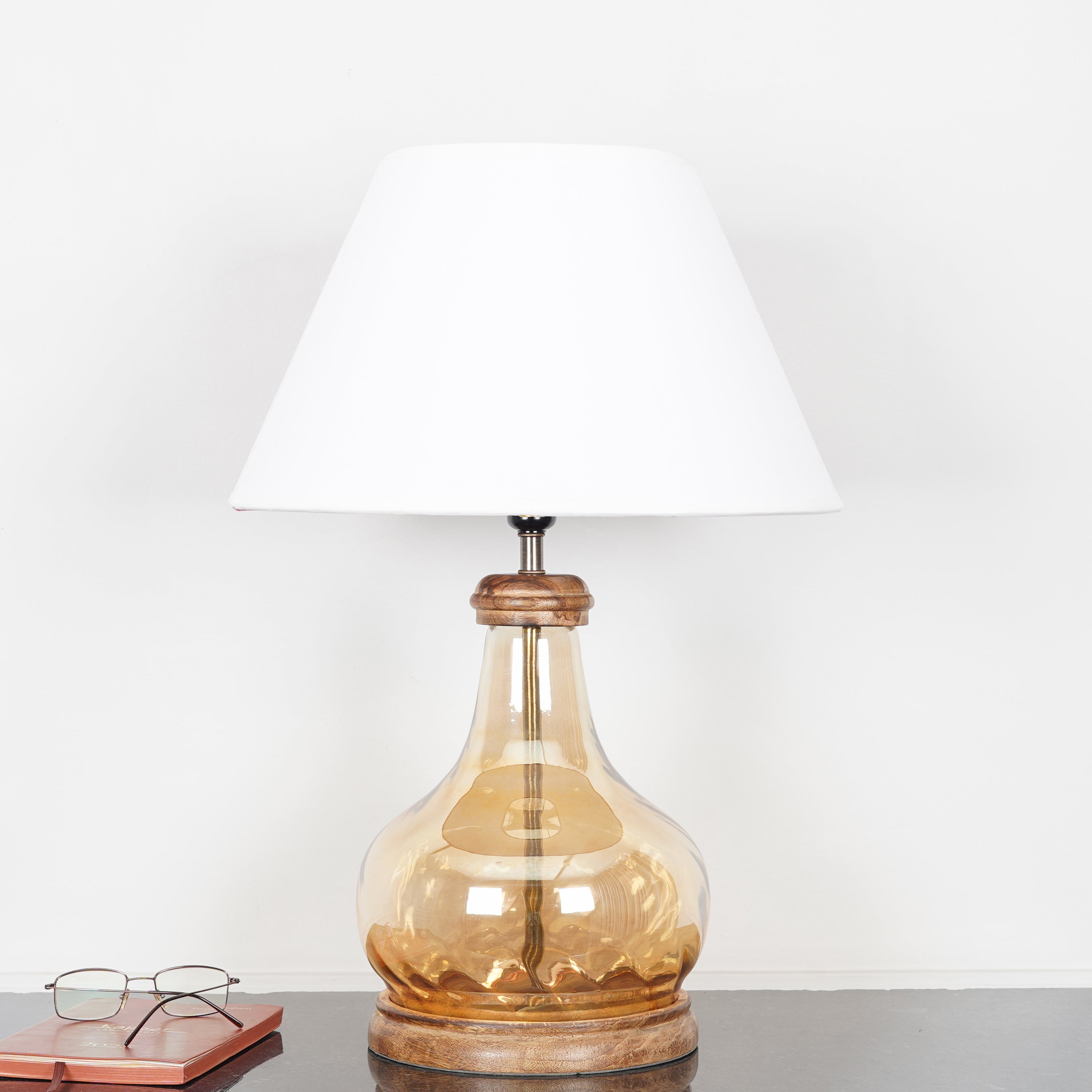 AYANA Brown Finish Wood And Amber  Glass Table Lamp With Beige Cotton Shade