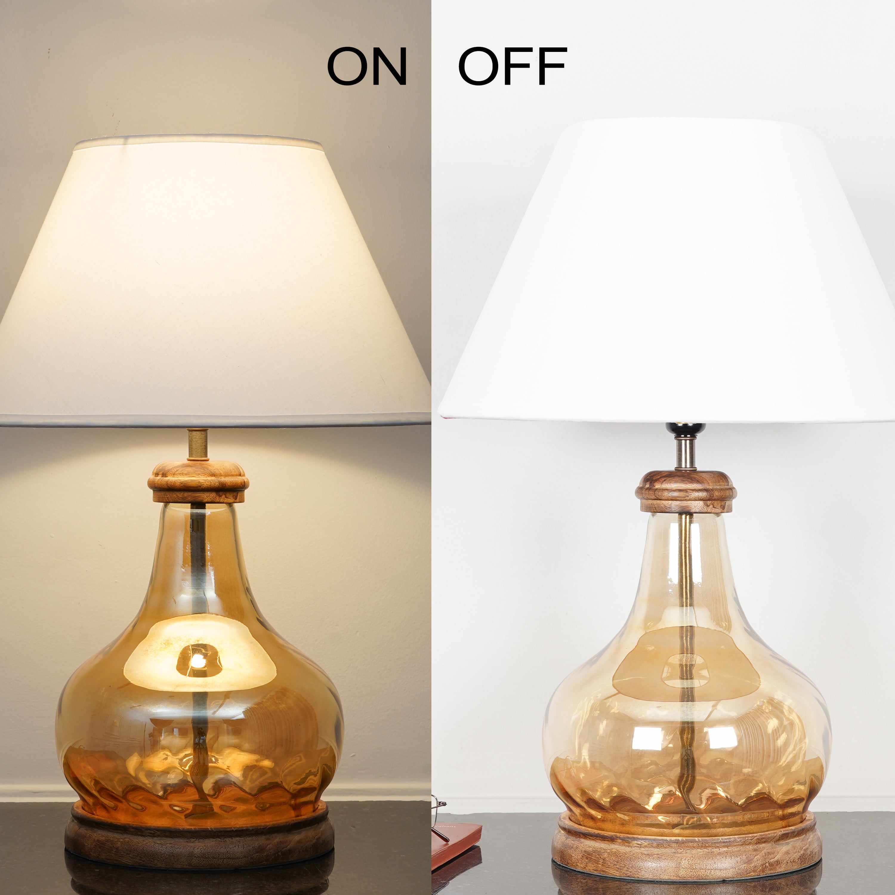 AYANA Brown Finish Wood And Amber  Glass Table Lamp With Beige Cotton Shade