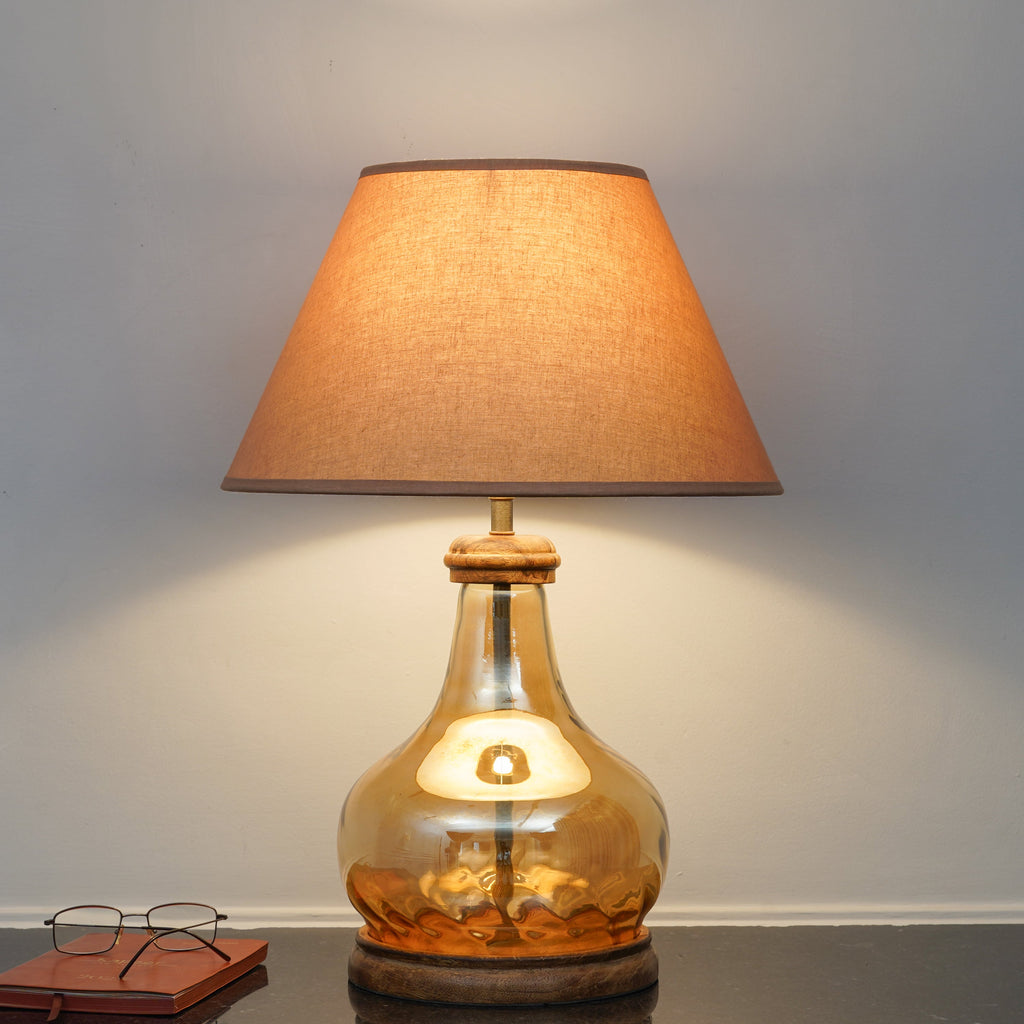 AYANA Brown Finish Wood And Amber  Glass Table Lamp With Beige Cotton Shade