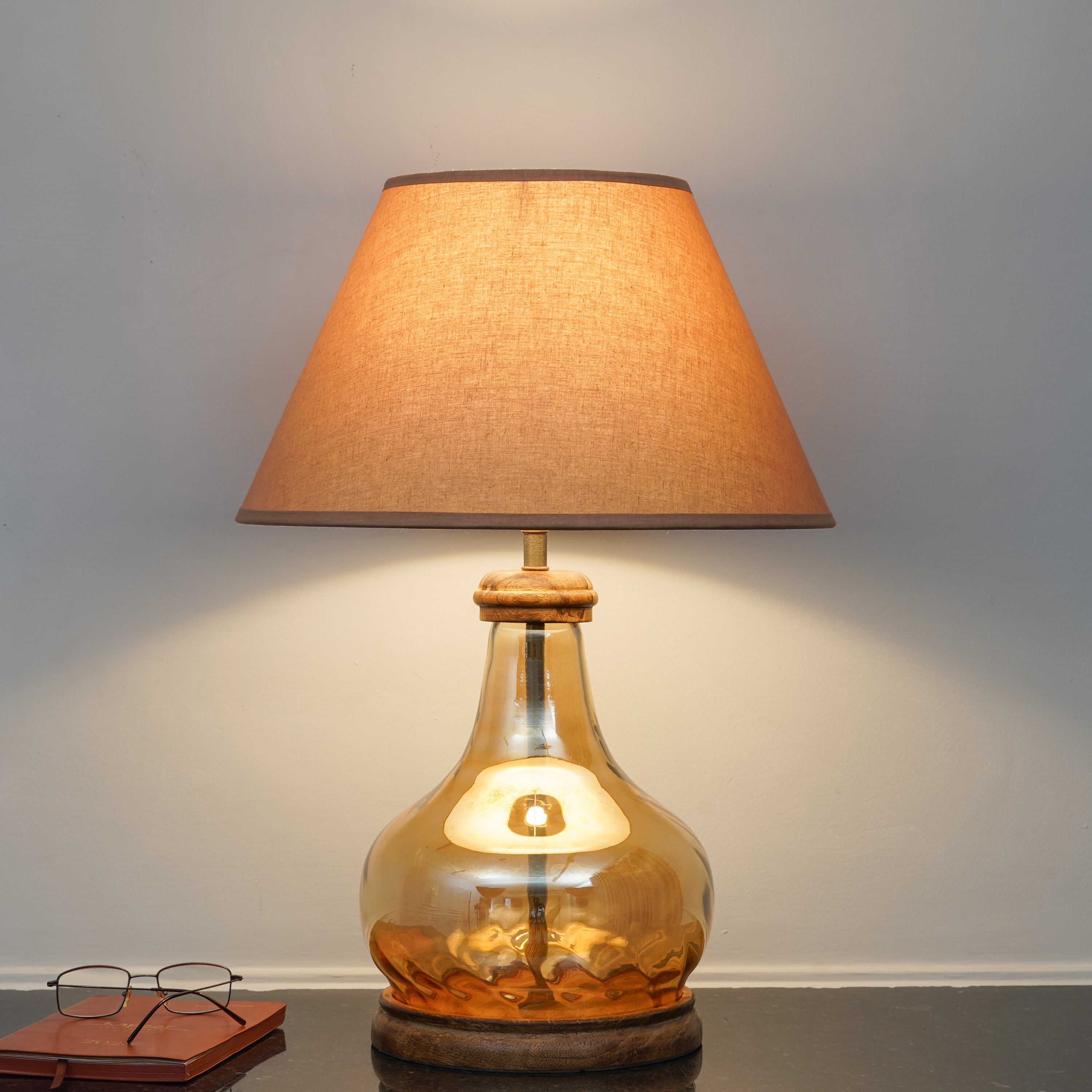AYANA Brown Finish Wood And Amber  Glass Table Lamp With Beige Cotton Shade