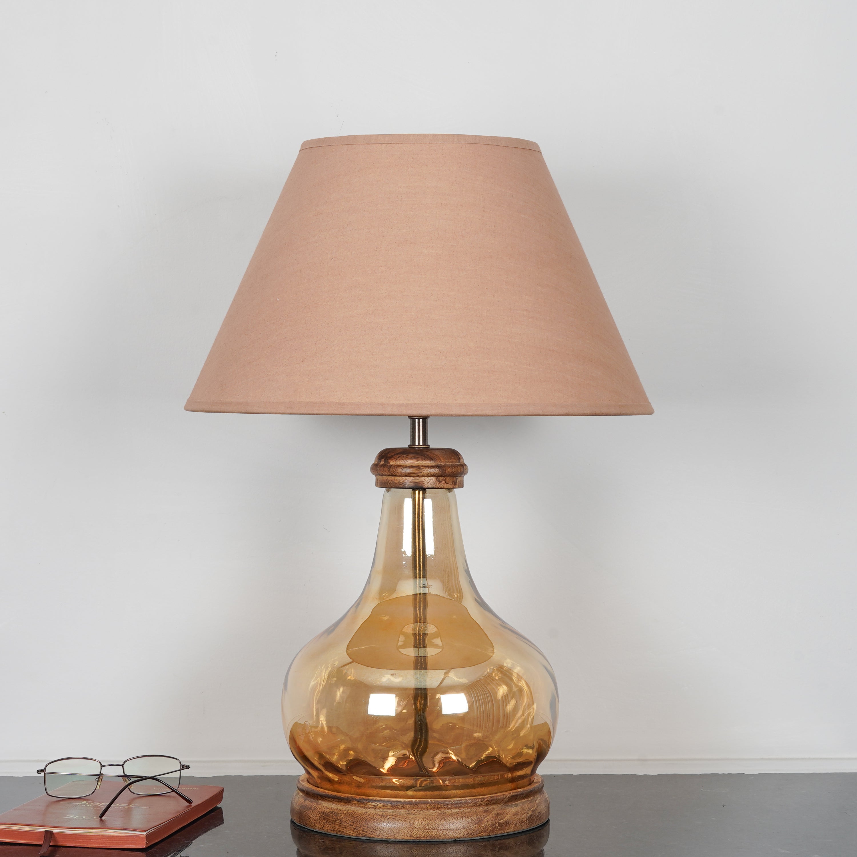 AYANA Brown Finish Wood And Amber  Glass Table Lamp With Beige Cotton Shade